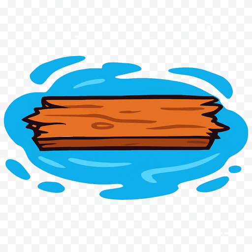 2D game asset, vector style, high contrast, flat colors, no shadows, a single long, broken wooden plank with splintered edges, floating horizontally on the surface of blue water, suitable for a top-down game, transparent background, PNG format..
In-Game asset.  2d.  High contrast.  No shadows