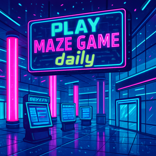 “Render a futuristic plaza interior with holographic directories, neon columns, and reflective glass panels. A massive overhead display reads ‘Play Maze Game daily’ in bold animated text. Include drifting digital confetti effects, subtle rain droplets on glass, and ambient neon glow—no characters or coins.”.
In-Game asset.  2d.  High contrast.  No shadows