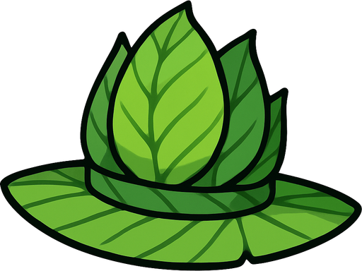 sombrero de hojas de color verde 2d.
In-Game asset.  2d.  High contrast.  No shadows