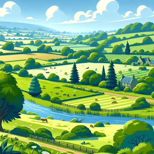 the fields of Britain, cartoon style.
Single Game Texture. In-Game asset. 2d. Blank background. High contrast. No shadows.