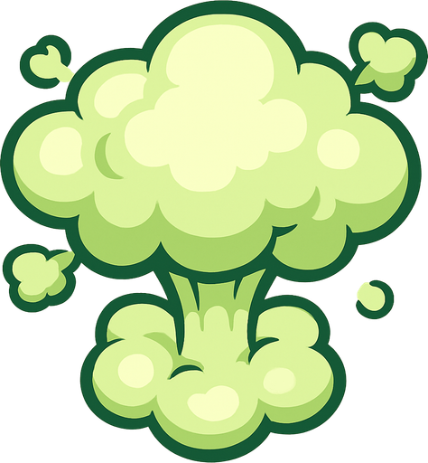 Top-down view of a cartoon-style fart cloud shaped like a small nuclear explosion, soft puffy smoke, exaggerated mushroom shape, playful and funny, light greenish tint, stylized for a colorful top-down mobile game, clear outline, transparent background.
In-Game asset.  2d.  High contrast.  No shadows