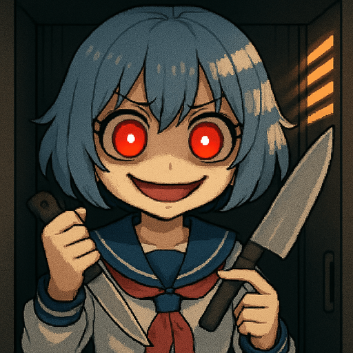 Stella, a 15-year-old anime girl with short, soft hair in a bluish-gray tone (HEX: #b0b9d8), and large black eyes with oversized irises (super kawaii style), glowing with intense yandere red. She wears a traditional Japanese school uniform (classic sailor fuku). She is inside a Japanese school locker, with soft light coming through the ventilation slits, casting dramatic shadows on her face. Her eyebrows are furrowed in extreme anger, but she has a wide, creepy smile, like someone completely insane. Dark under-eye circles highlight her unhinged expression. Her right hand holds a butcher knife slightly raised, while her left hand gently touches the blade with her index finger, mimicking a clock hand motion. Visual style: highly detailed Pixel Art.