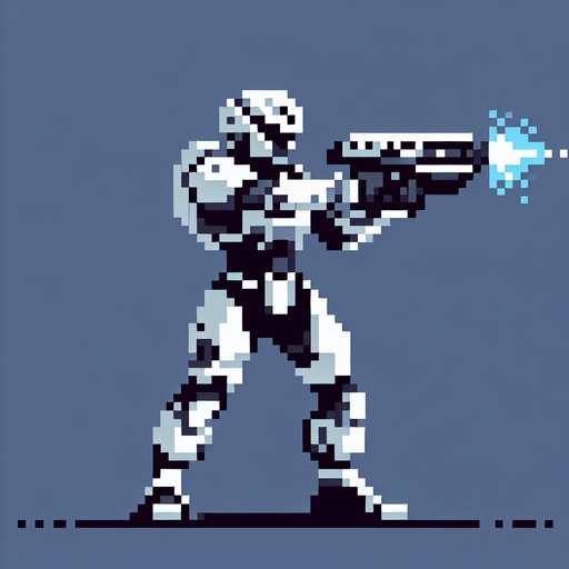 pixel art image of a stormtrooper from the Star Wars universe. The stormtrooper should be standing in a defensive pose, with their blaster raised.
Single Game Texture. In-Game asset. 2d. Blank background. High contrast. No shadows.