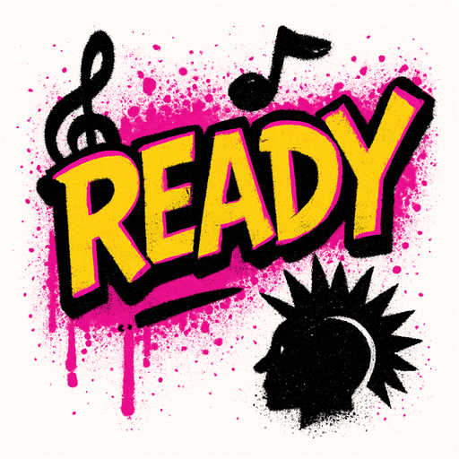 müzik temalı cool ready yazısı biraz da sprey boya punk tarzı.
In-Game asset.  2d.  High contrast.  No shadows