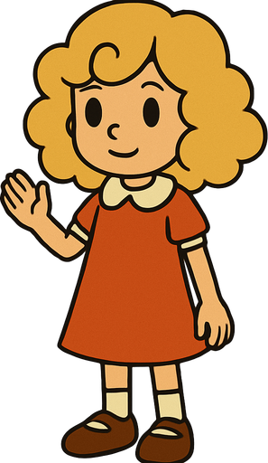 Cute little 7yo girl with blonde curly hair. Professor Layton game style 
In-Game asset.  2d.  High contrast.  No shadows