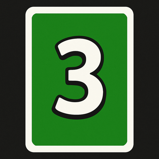 Rectangular card numbered 3, with a white border around it and a green background..
In-Game asset.  2d.  High contrast.  No shadows