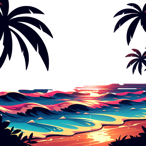 A sunset beach background with waves and palm trees..
Single Game Texture.  In-Game asset.  2d.  Blank background.  High contrast.  No shadows
