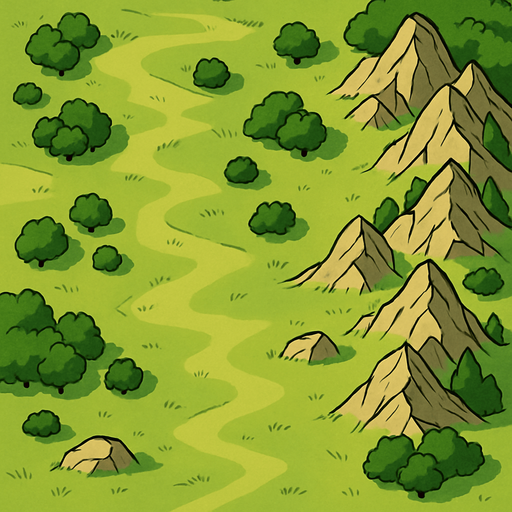 Üstten olacak şekilde hafif ormanlık ve dağlık olacak şekilde çayır.. In-Game asset. 2d. High contrast. Gölgelikler olsun. Map tarzı bir harita..
In-Game asset.  2d.  High contrast.  No shadows