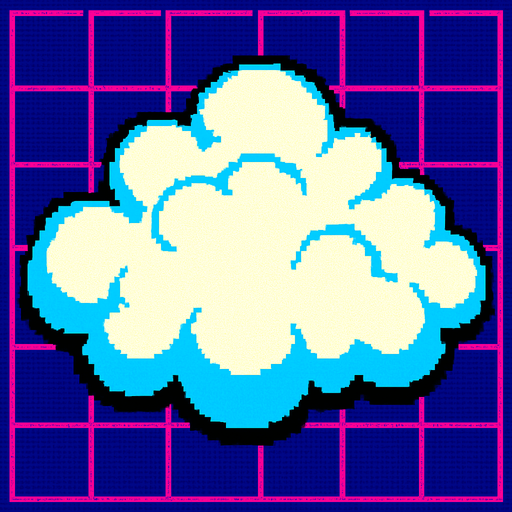 A  long fluffy white cloud seen from overhead. 80s arcade machine graphics.
In-Game asset.  2d.  High contrast.  No shadows