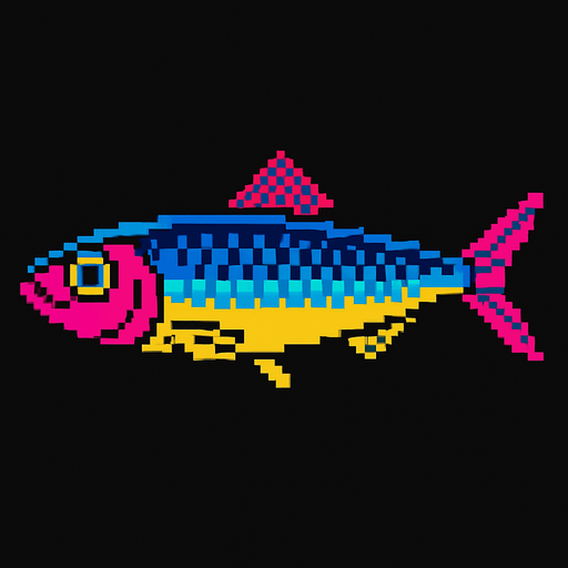 A sardine. 80s arcade machine graphics. 
Swimming Side profile.
In-Game asset.  2d.  High contrast.  No shadows