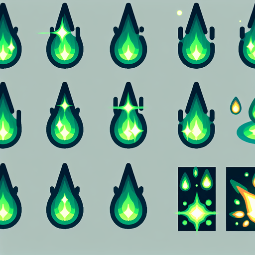 A sprite sheet of energy projectiles. Green projectiles tear shaped with yellow energy core.
Single Game Texture. In-Game asset. 2d. Blank background. High contrast. No shadows.
