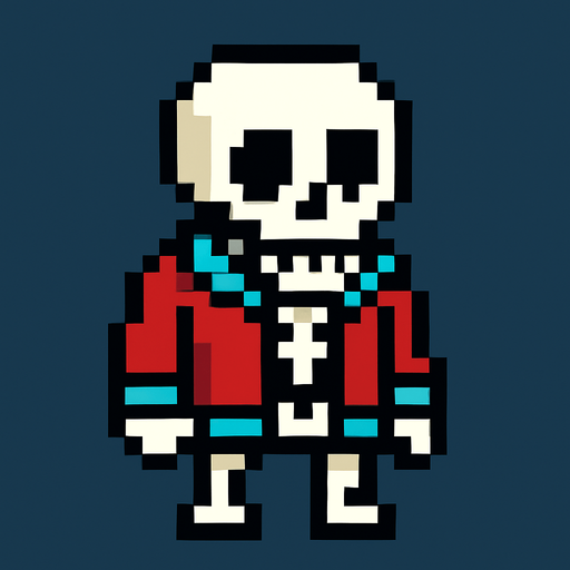 2d pixelart skeleton with jacket.
In-Game asset.  2d.  High contrast.  No shadows