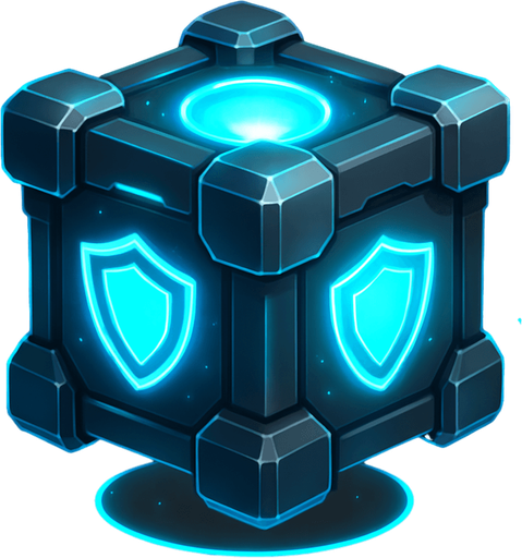 A 2D sci-fi power-up gift box that grants a shield, designed with a glowing blue energy core inside a metallic futuristic container. The box features holographic shield symbols, neon cyan highlights, and soft pulsing light. It is slightly levitating, surrounded by sparkles and a faint energy ring. The design should clearly suggest it gives protective power. Transparent background, digital art style, ideal for sprite use in a top-down space shooter game..
In-Game asset.  2d.  High contrast.  No shadows