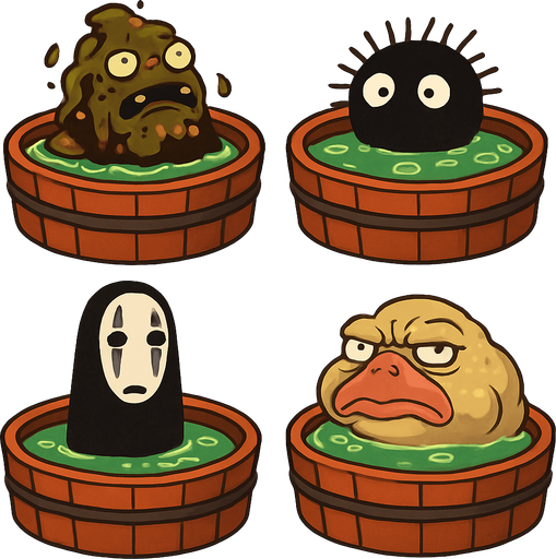 Japanese circle bath have different stink spirits from movie "spirited away". each one per bath. HD colors.
In-Game asset.  2d.  High contrast.  No shadows