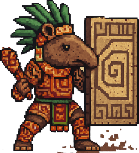 Generame un guerrero azteca con patrones, estilo pixelar, además será un animal Tapir, con efectos de tierra, cargando un gran escudo o muro..
In-Game asset.  2d.  High contrast.  No shadows