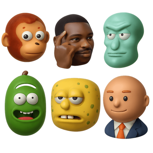 sprite sheet of famous modern meme faces of Looking back awkward monkey puppet,
Think black Guy,
Chad Squidword,
pickle rick, spongebob unga bunga, 
Stonks. each face shaped as a round marble shaped face made in blender 3D