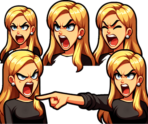 karen a white blonde woman from the meme "karen" screaming and point her finger to the right.
Single Game Texture.  In-Game asset.  2d.  High contrast.  No shadows