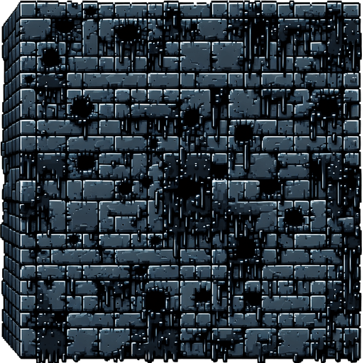Black stone dungeon wall background. Crumbling top of wall in places.  Slime on bricks. Black holes in walls in places where brick is missing. Infinite repeatable texture for endless scroller. 8 bit pixel art..
Single Game Texture.  In-Game asset.  2d.  Blank background.  High contrast.  No shadows