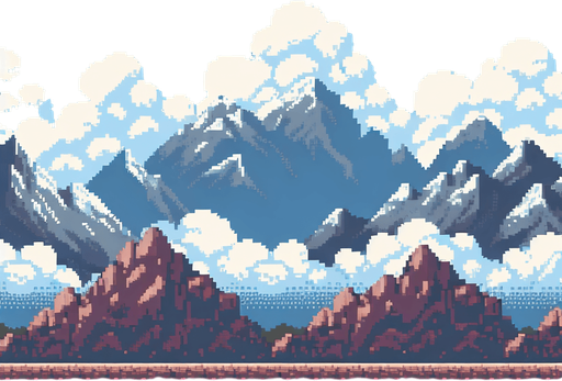 a pixel clouds background, with mountains, full height full width
Single Game Texture.  In-Game asset.  2d.  Blank background.  High contrast.  No shadows