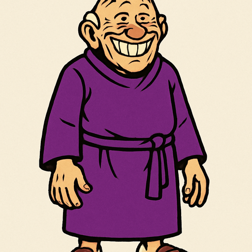 yaşlı, üzerinde mor bir cübbe olan, ve mal mal sırıtan bir adam. vücudu tamamen görünür.
In-Game asset.  2d.  High contrast.  No shadows