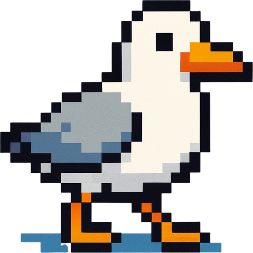 seagull, pixelart, walking down.
In-Game asset.  2d.  High contrast.  No shadows