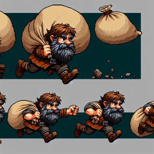 Sprite sheet d'un nain qui court avec un grand sac pour attraper quelque chose