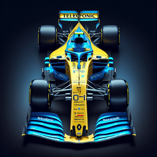 Photorealistic Renault F1 race car, top view. Bright skyblue body. Banana Yellow nose with blue sidelines.
Royalblue Front and Rear wing. Neon-yellow ,,Telefonicai" text on rearwing. 
White ,,TEAM SPIRIT" text on nose. Blue ,,RENAIULT" text on body.