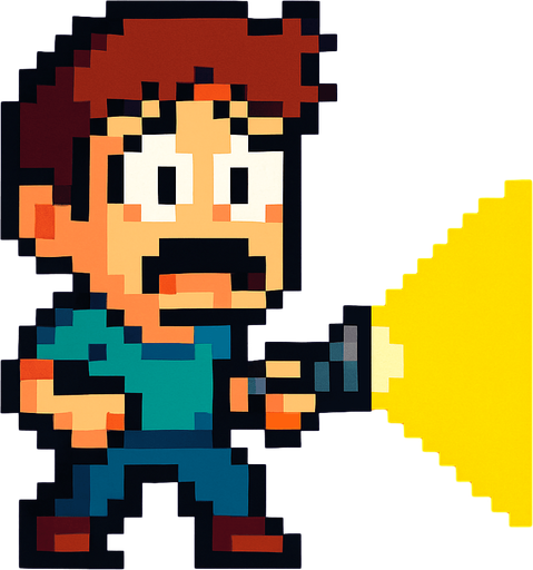 a scared pixel art kid with a flashlight.
In-Game asset.  High contrast.  No shadows