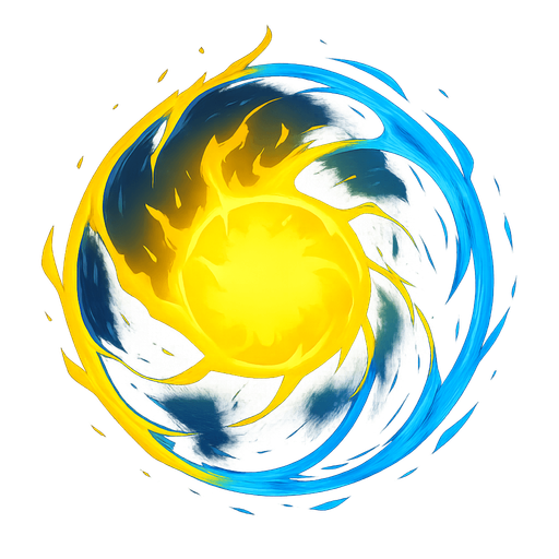 Glowing energy sphere. Spherical. Yellow and blue.
In-Game asset.  2d.  High contrast.  No shadows