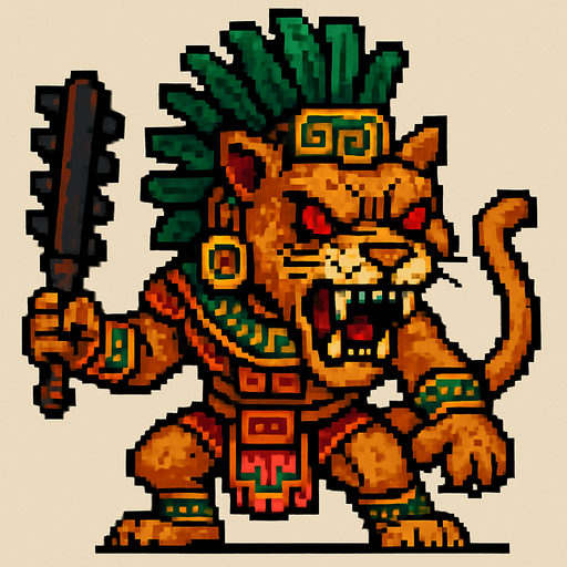 Genérame una Puma guerrero azteca con eso patrones, estilo pixelar, con una apariencia maligna, ojos rojos, rabioso. Unidad cuerpo a cuerpo. Animal.
In-Game asset.  2d.  High contrast.  No shadows