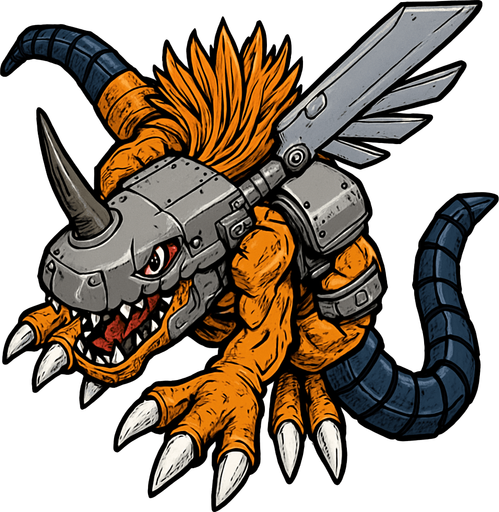 Metalgreymon, visto desde arriba, detalles altos, sin errores debe ser identico.
In-Game asset.  2d.  High contrast.  No shadows