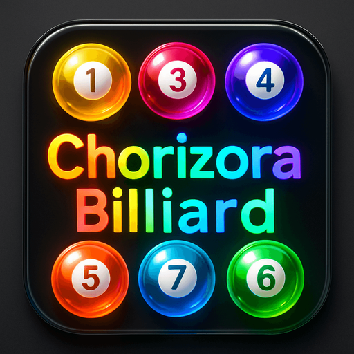 Modern App Store icon, high definition, square with rounded corners, transparent glass neon balls of billiard, high definition, HD colors, for a game named it "Chorizora Billiard". with text on the middle of the icon with many colors "Chorizora Billiard" !