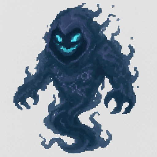 Create a pixel-art ghostly character based on the Turkish folklore concept of a "cin" (djinn). The character should have a semi-transparent, smoky body with ethereal, shifting edges. Its face should be menacing, with glowing green or blue eyes and a faint, wicked smile. Add small, broken chains or mystical symbols faintly visible on its body to suggest it was once sealed. It should be levitating, with ghost-like movement and a cursed aura. The color palette should include shades of dark blue, purple, and gray. 2D horror game style, PNG with transparent background, idle or float animation frame..
In-Game asset.  2d.  High contrast.  No shadows