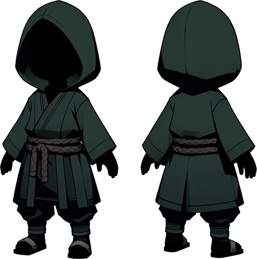 A ninja kid thief, full body, with a dark green hoodie.
Single Game Texture. In-Game asset. 2d. Blank background. High contrast. No shadows.