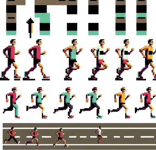 sprite sheet for a marathon runner seen directly from above in a running and jumping state. gta 2 perspective. ensure the runner is seen straight from above as in the gta 2 game. pixelated. 8 bit.
Single Game Texture. In-Game asset. 2d. Blank background. High contrast. No shadows.