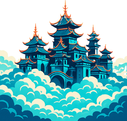 dari jauh terlihat istana langit di atas awan luas versi fantasy china.
In-Game asset.  2d.  High contrast.  No shadows
