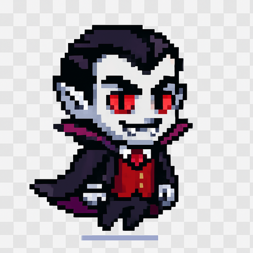 El vampiro debe ser un personaje pequeño y estilizado en estilo pixel art, con piel pálida o gris clara, ojos rojos o morados brillantes, colmillos visibles en una leve sonrisa y una capa negra o púrpura que se mueva ligeramente al caminar; debe llevar un traje elegante con chaleco rojo, camisa blanca y pantalones oscuros, y tener el clásico peinado de viuda con cabello negro bien marcado; su expresión puede ser confiada o misteriosa, y la animación puede incluir un leve flote o agitación de la capa; todo debe ser caricaturesco y simpático, sin parecer aterrador, con fondo transparente para integrarse en un juego casual o fantástico..
In-Game asset.  2d.  High contrast.  No shadows