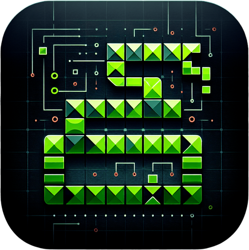 A square app store icon with rounded edges, designed for a hacking game about connecting a line. The icon features a highly angular, pixelated snake-like line in bright green, built from sharp, connected shapes aligned perfectly within a square grid. The snake's angular, segmented design conveys the strategic and technological theme of the game.

The background is a subtle dark gradient, transitioning from deep grey to black, with faint grid lines barely visible to suggest a digital environment. Scattered subtly in the background are tiny red dots, representing bugs, blending seamlessly into the design without overpowering the focus on the snake. The overall look is clean, modern, and sharp, embodying the futuristic and technical essence of the game..
Single Game Texture. In-Game asset. 2d. Blank background. High contrast. No shadows.