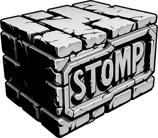 a forward facing brick with the writing "Stomp" Single Game Texture. In-Game asset. 2d. Blank background. High contrast. No shadows.