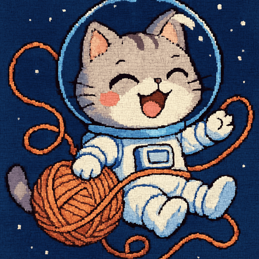 A cute kitten, illustrated in an adorable chibi anime style and wearing an astronaut suit, is playfully tangled in a ball of yarn, floating through space with overwhelming joy. Its eyes are shut tight in pure happiness, and its movements are full of energetic delight.