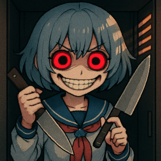 Stella, a 15-year-old anime girl with short, soft hair in a bluish-gray tone (HEX: #b0b9d8), and large black eyes with oversized irises (super kawaii style), glowing with intense yandere red. She wears a traditional Japanese school uniform (classic sailor fuku). She is inside a Japanese school locker, with soft light coming through the ventilation slits, casting dramatic shadows on her face. Her eyebrows are furrowed in extreme anger, but she has a wide, creepy smile, like someone completely insane. Dark under-eye circles highlight her unhinged expression. Her right hand holds a butcher knife slightly raised, while her left hand gently touches the blade with her index finger, mimicking a clock hand motion. Visual style: highly detailed Pixel Art.