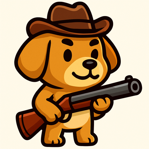 a dog cute dog with a hat and a shotgun.
In-Game asset.  2d.  High contrast.  No shadows