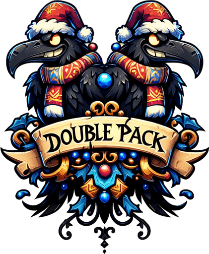 a pergament letter with the name "double pack". It has two evil smiling ravens with christmas hats and colorful scarves. vertical. Single Game Texture. In-Game asset. 2d. Blank background. High contrast. No shadows.