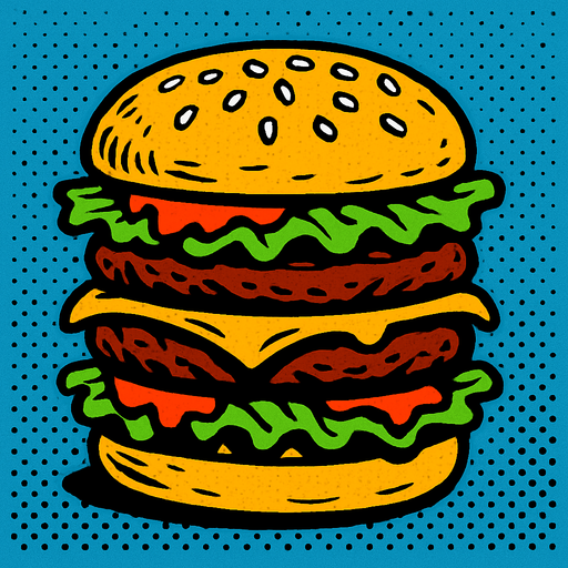 90s comic book style fast food bigmac burger.
In-Game asset.  2d.  High contrast.  No shadows