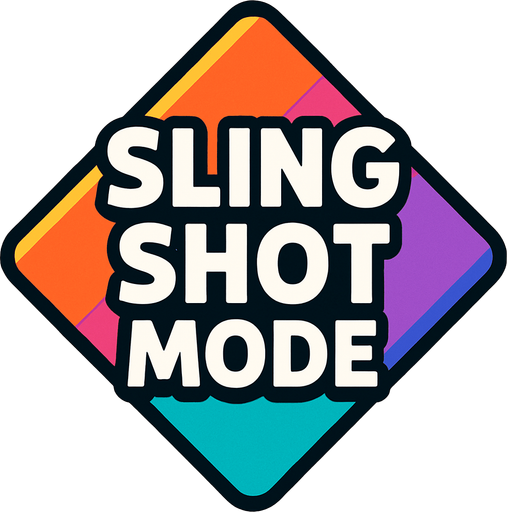 Diamond shaped colourful button that says sling shot mode.
In-Game asset.  2d.  High contrast.  No shadows