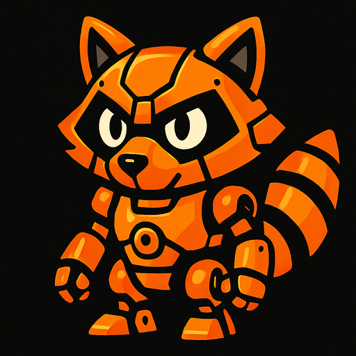 Mapache robot naranja.
In-Game asset.  2d.  High contrast.  No shadows