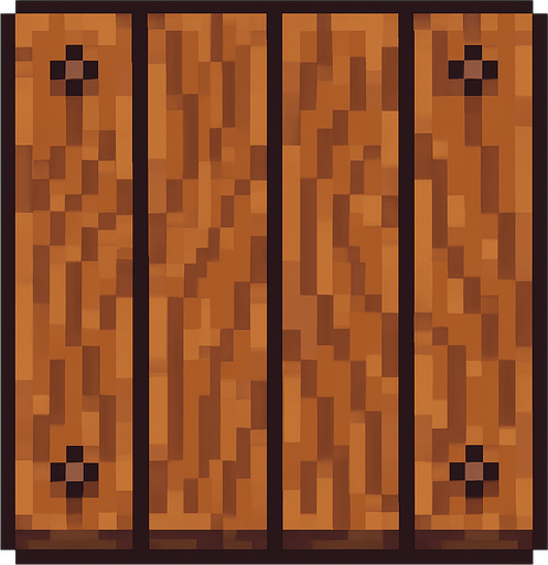 Vista cenital de una sola baldosa de puerta de madera, aislada, vista desde arriba, estilo pixel art 2D para videojuego, textura continua y repetible, sprite de 32x32. Sin manija, sin bisagras, sin marco, solo tablones de madera con clavos decorativos. Textura de vetas estilizadas. Arte estilo hecho a mano. Alto contraste, sin sombras. Sin fondo.