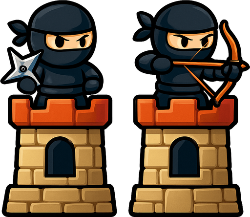 Towers have ninjas assets one have star and one have bow. HD colors.
In-Game asset.  2d.  High contrast.  No shadows