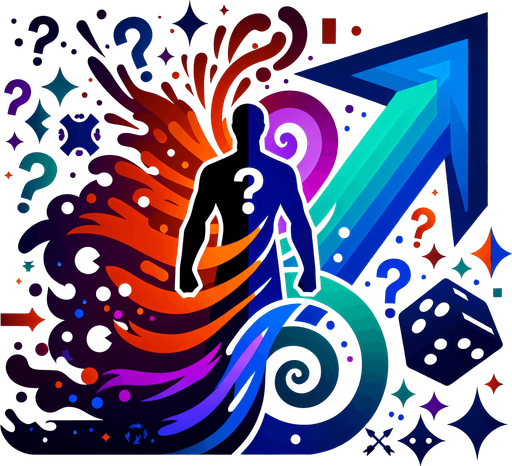 A silhouette of the hero glitching or flickering between different colors or slightly different forms. Could also be an upward arrow surrounded by swirling question marks or dice symbols..
Single Game Texture.  In-Game asset.  2d.  Blank background.  High contrast.  No shadows