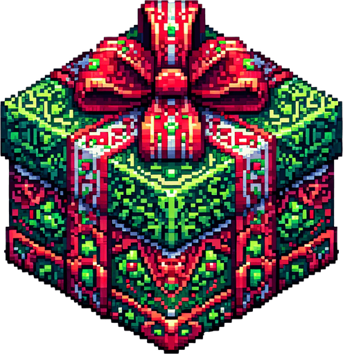 Pixel art of an elaborate green christmas present with red ribbons. Single Game Texture. In-Game asset. 2d. Blank background. High contrast. No shadows.
